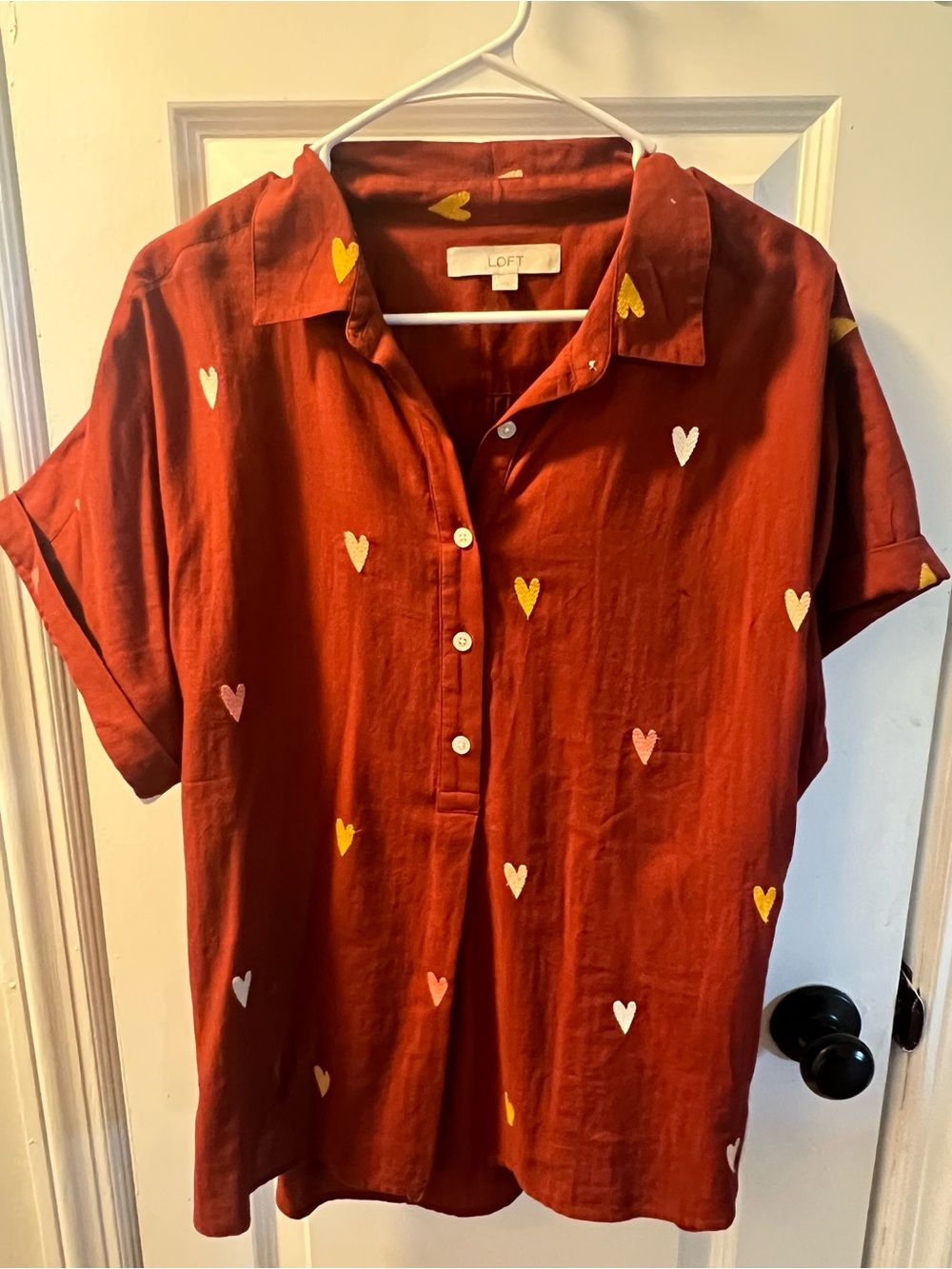 LOFT Rust Red Heart Print Short Sleeve Button Polo